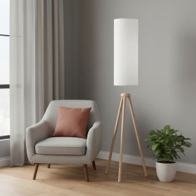58" Natural Wood Look Tripod Floor Lamp With White Shade