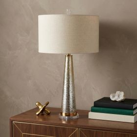 32" Silver Metallic Glass LED Table Lamp With Beige Drum Shade