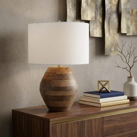 23" Brown Solid Wood Textured Abstract LED Table Lamp With White Drum Shade