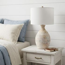27" Blanched Almond Solid Wood Round Table Lamp With White Drum Shade