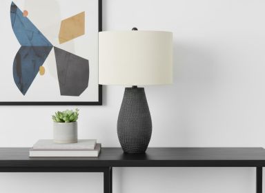 24" Black Round Table Lamp With Ivory Drum Shade
