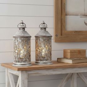 Set of Two 11" Distressed Gray Metal Pierced Botanical Leaves Lantern Bedside Lamps With Novelty Shades