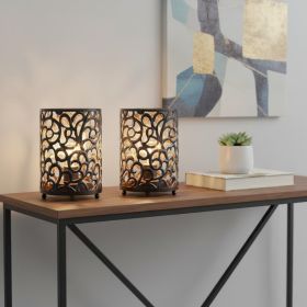Set of Two 7" Black Battery Operated Lamps With Pierced Cylinder Shades