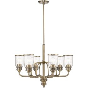 Antiqued Brass And Clear Six Light Metal Dimmable Chandelier With Shades
