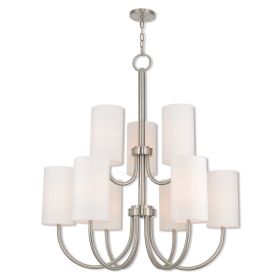 Nickel And Off White Nine Light Metal Dimmable Chandelier With Shades