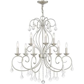 Nickel And Clear Nine Light Metal Dimmable Chandelier With Shades