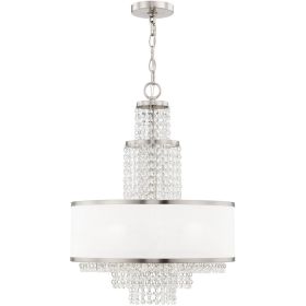 Nickel Clear And Off White Five Light Metal Dimmable Chandelier With Shades