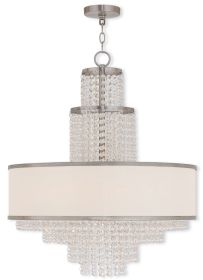Nickel Clear And Off White Six Light Metal Dimmable Chandelier With Shades