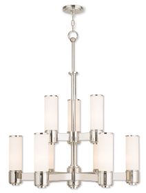 Nickel And Opal Nine Light Metal Dimmable Chandelier With Shades