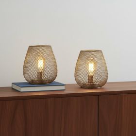 Set of Two 7" Silver And Gold Pierced Geometric Cordless Lantern Lamps