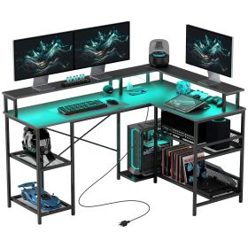 59" L Shaped Desk with Storage, Corner Desk with LED Lights and Power Outlets for Home Office, Small Space, Black