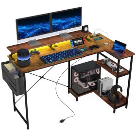 58" Reversible L Shaped Computer Desk, Corner Desk with Monitor Stand, Power Outlets and LED Lights, Rustic Brown