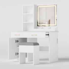 Makeup Vanity Desk with Mirror and Lights, White Vanity Table with Power Outlet and 3 Lighting Modes