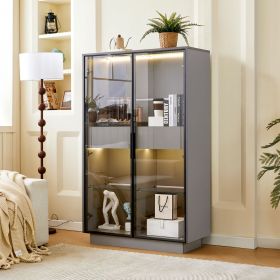 60.6'' Tall Display Cabinet with Tempered Glass Door, LED Lighting, Two Drawers, Modern Style Storage Cabinet for Living Room, Office & Study, Gr