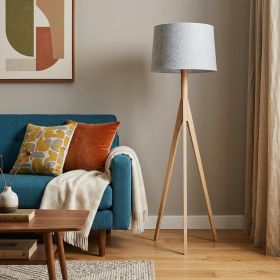 59" Natural Solid Wood Tripod Floor Lamp With Gray Fabric Empire Shade