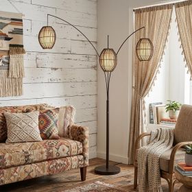 82" Bronze Three Light Tree Floor Lamp With Beige Wicker Cage Shade