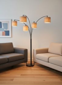 82" Bronze Five Light Tree Floor Lamp With Beige Fabric Drum Shade