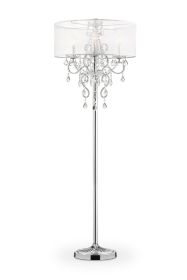 63" Silver Metal Three Light Candelabra Floor Lamp With White Acrylic Drum Shade