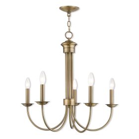 Antiqued Brass Five Light Metal Dimmable Chandelier With Shades