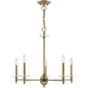 Antiqued Brass And Clear Five Light Metal Dimmable Chandelier With Shades