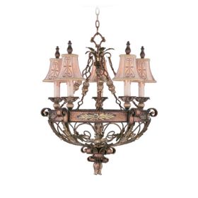 Bronze And Cream Five Light Metal Dimmable Chandelier With Shades